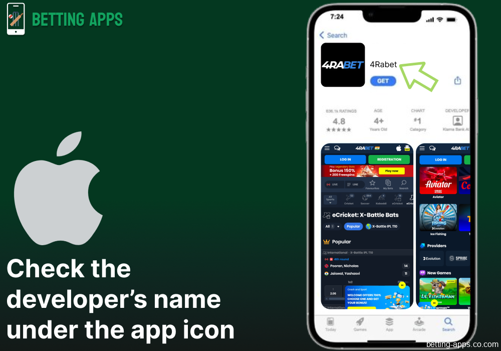 Check the developer’s name under the betting app icon