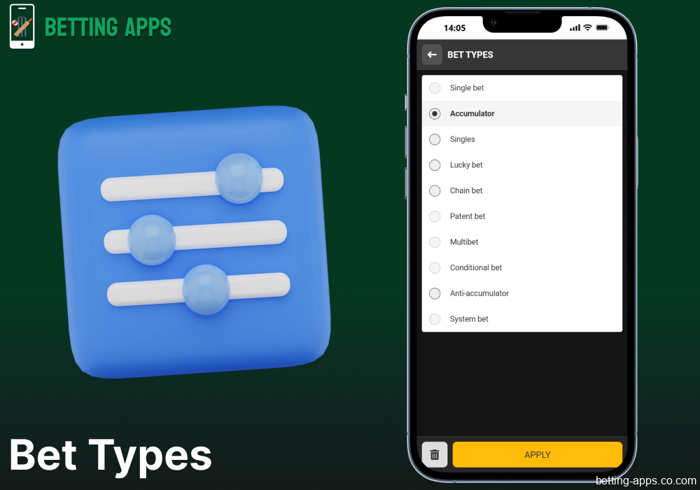 Bet types available in the BetAndYou mobile app in India
