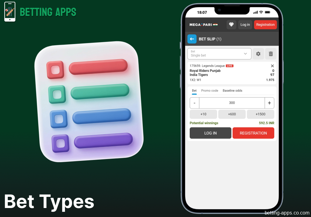 Bet types available in the Megapari mobile app in India