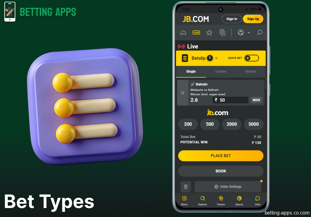 Bet types available in the JB Casino mobile app in India