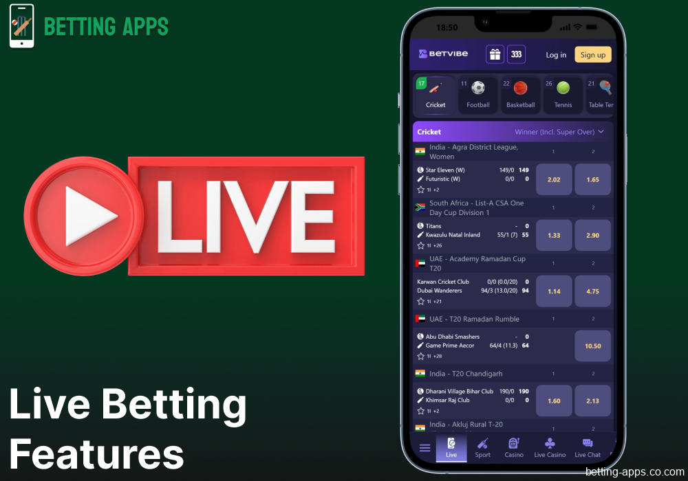 Live betting options available on Betvibe app in India