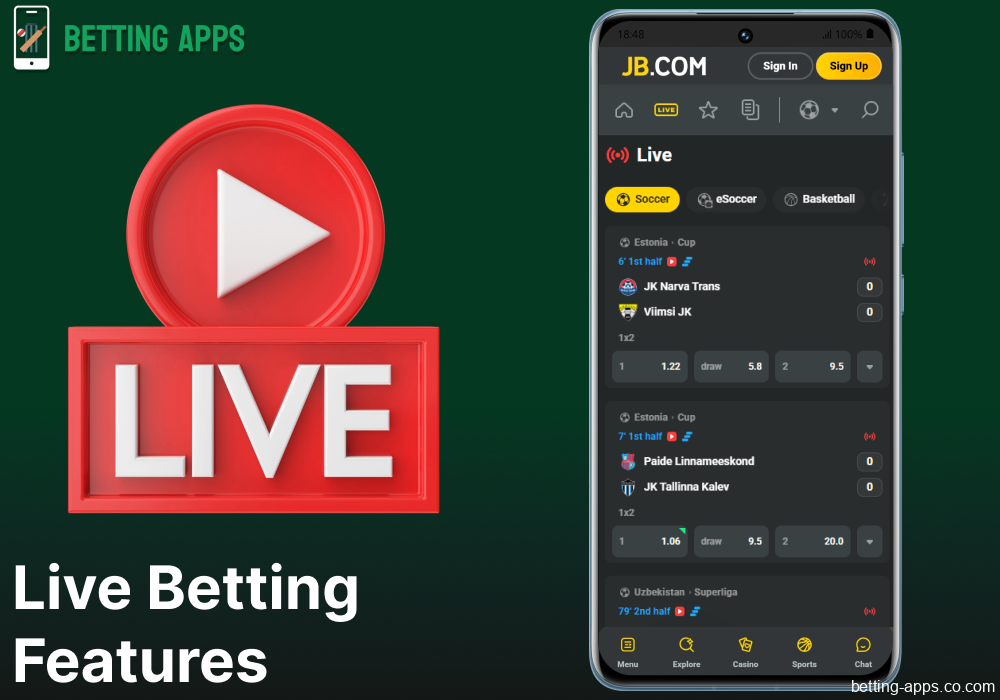 Live betting options available on JB Casino app in India