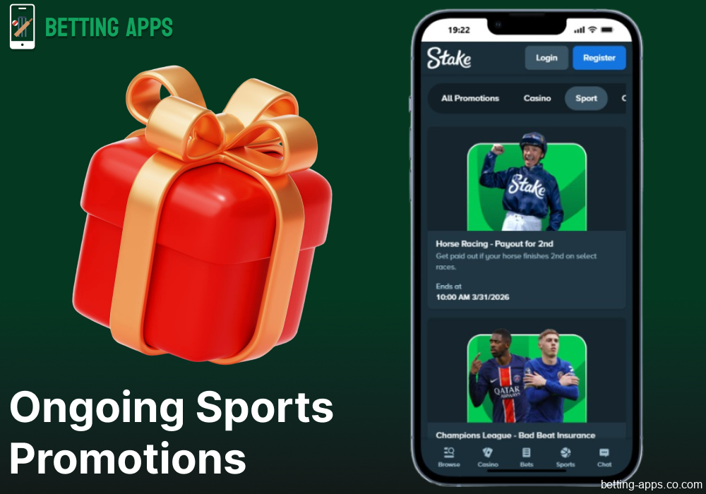 Sports promotions available in the Stake app in India