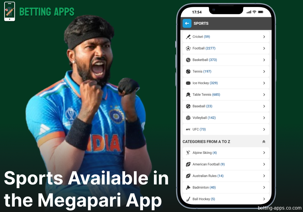 Sports betting options available on the Megapari mobile app