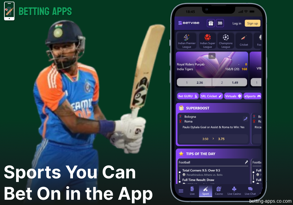 Sports betting options available on the Betvibe mobile app