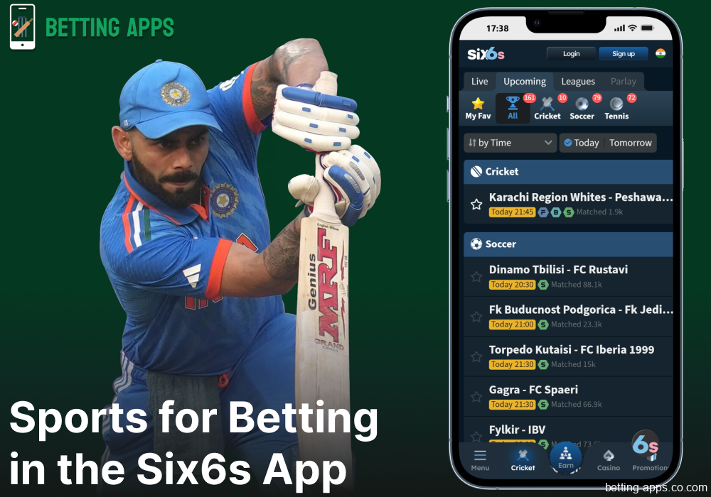Sports betting options available on the Six6s mobile app