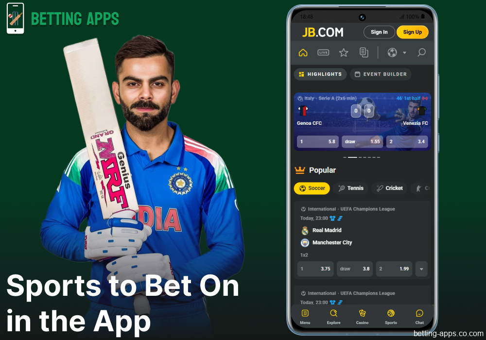 Sports betting options available on the JB Casino mobile app