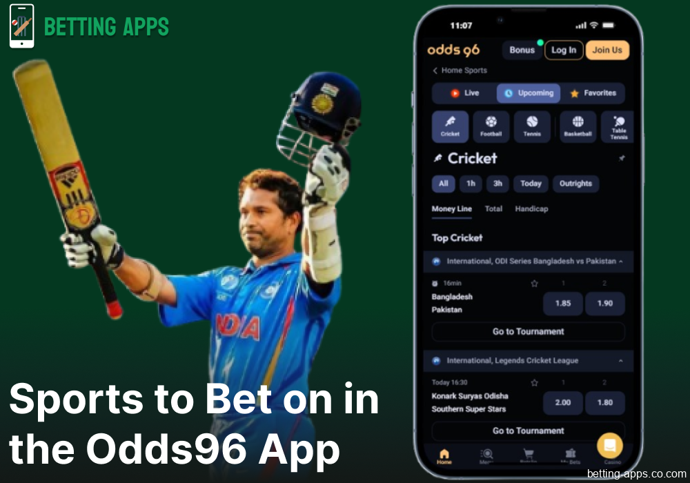 Sports betting options available on the Odds96 mobile app