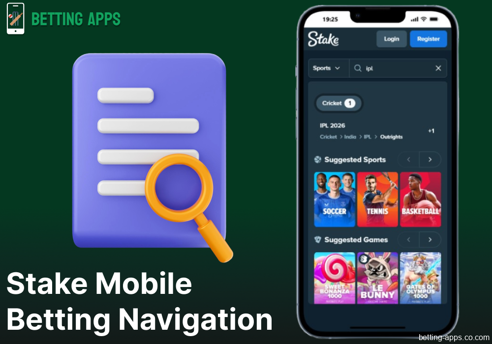 Navigation in the Stake mobile app for bettors from India