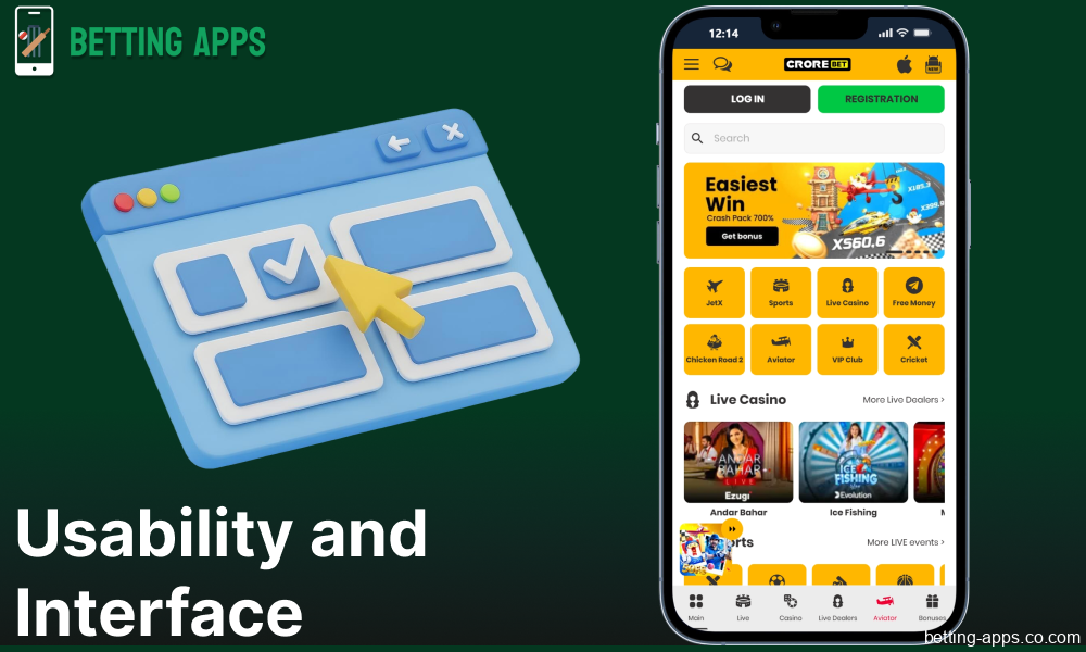 CroreBet mobile app interface and usabilty