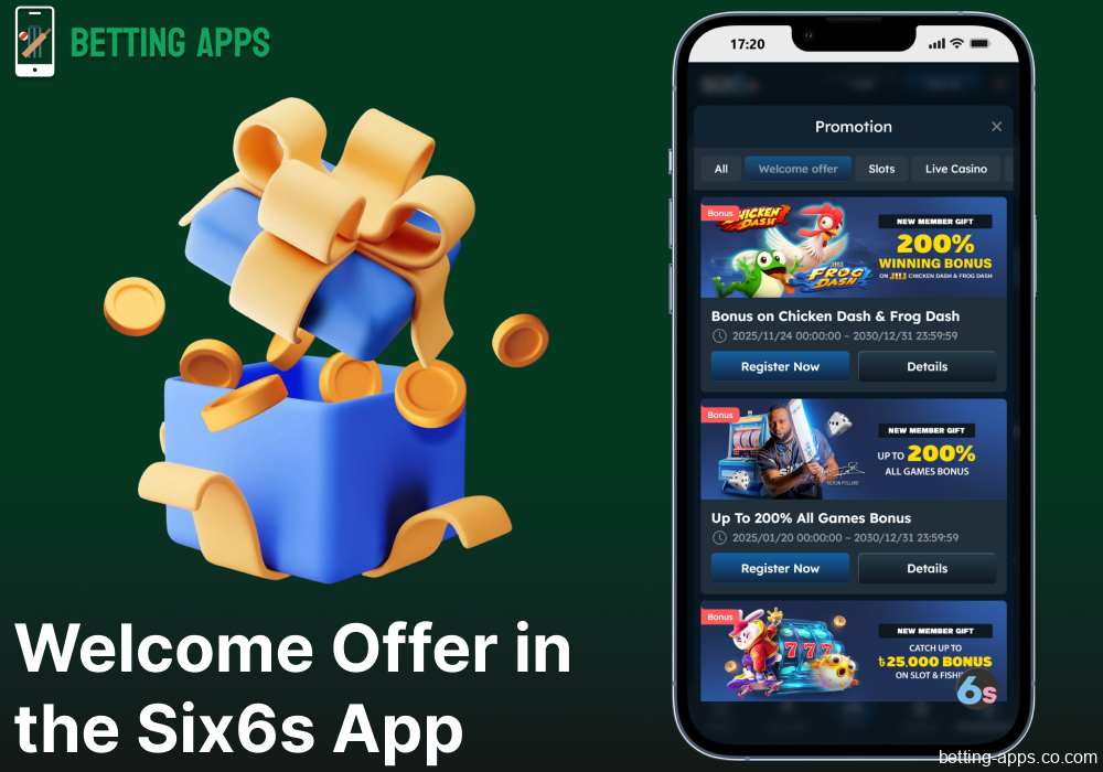 Welcome bonus available in the Six6s app in India